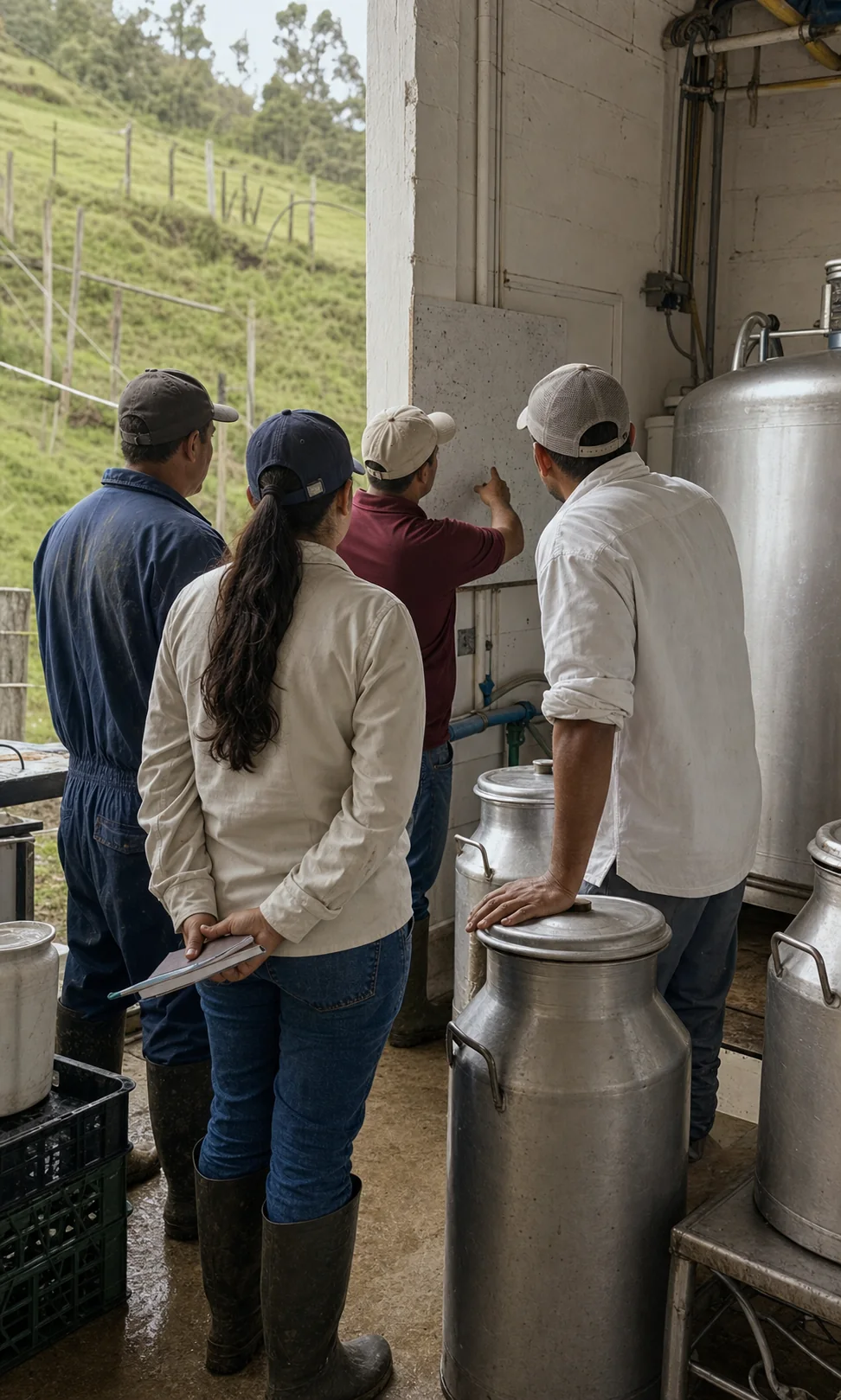 Equipo de una operación lechera conversa durante su jornada de trabajo en una planta rural