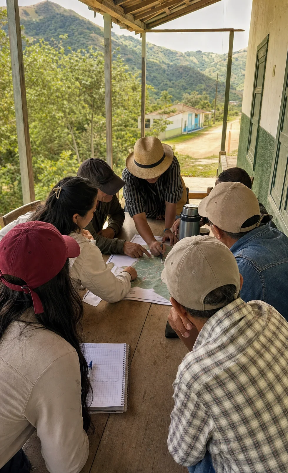 Comunidad rural construye prioridades sobre un mapa del territorio en una reunión participativa
