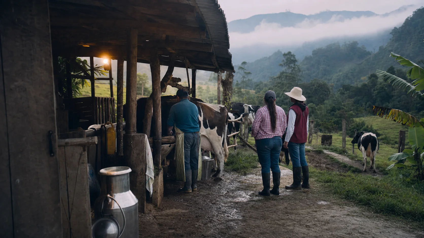 Personas recorren una finca lechera de montaña en Antioquia