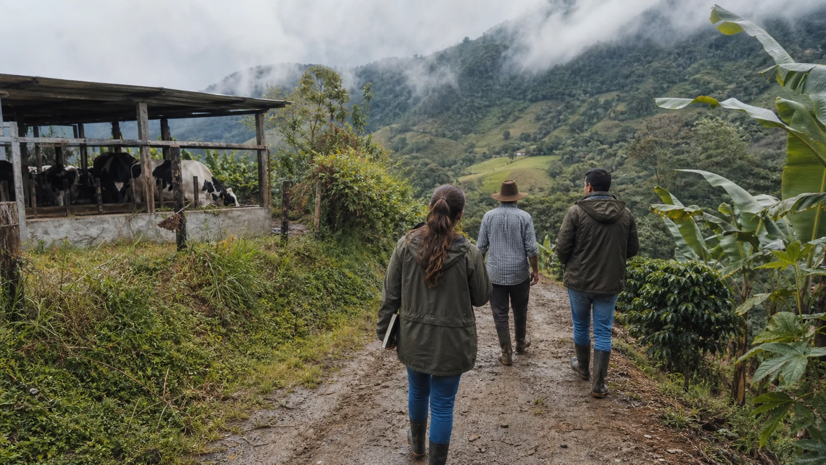Equipo rural visto de espaldas mientras recorre una finca de montaña en Antioquia