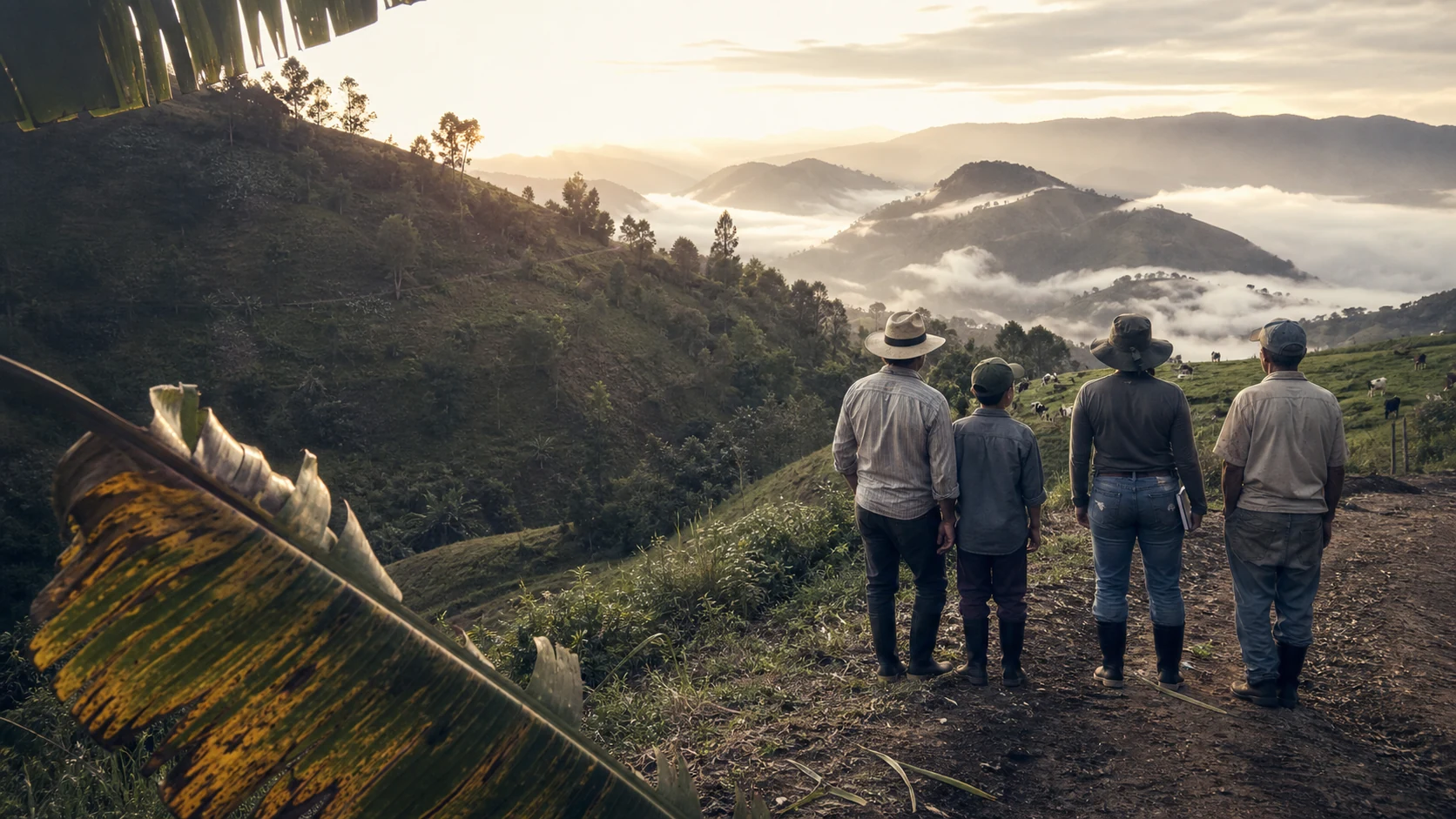 Comunidad rural vista de espaldas ante las montañas de Antioquia al amanecer