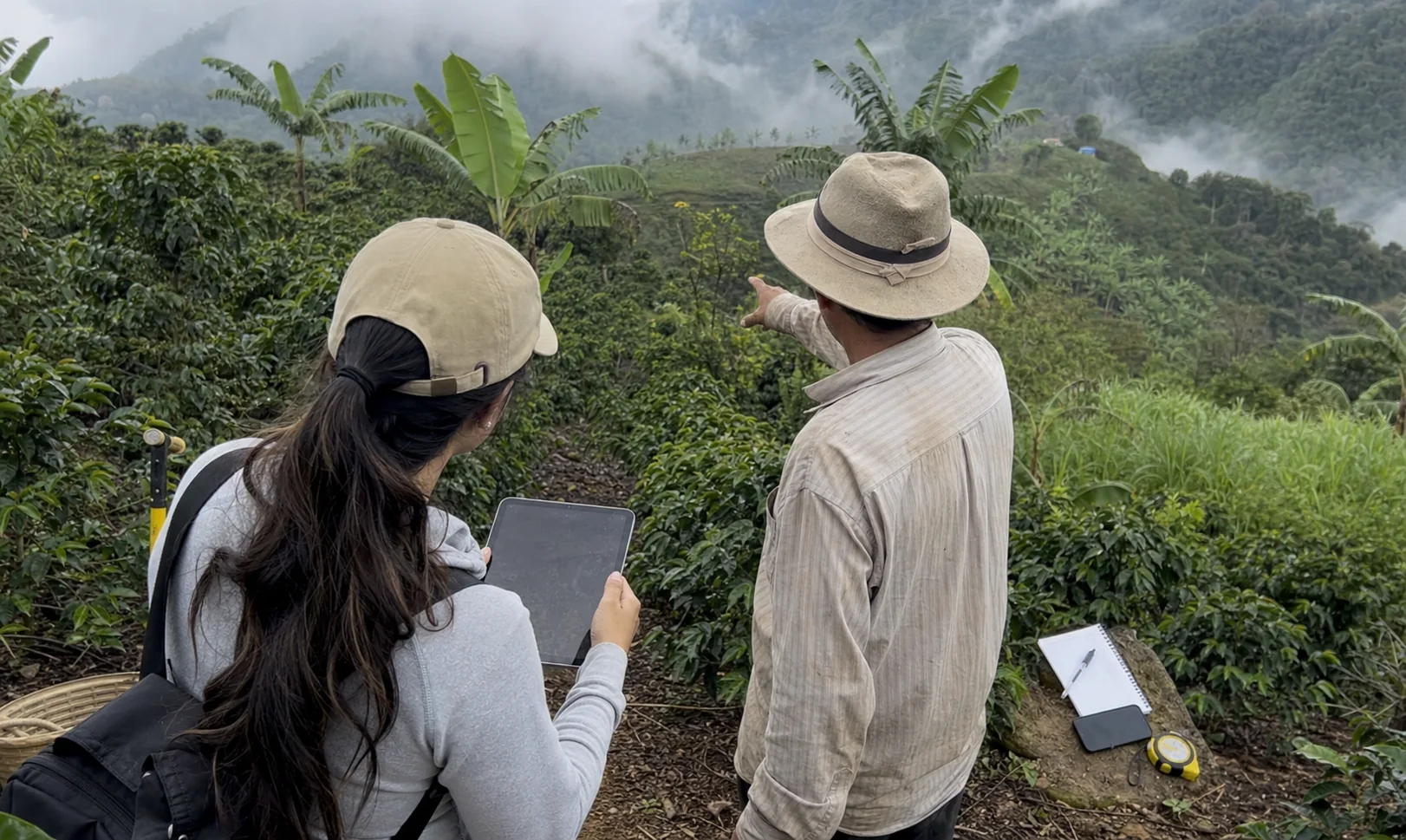 Técnica registra información con una tableta junto a un productor en un cafetal antioqueño
