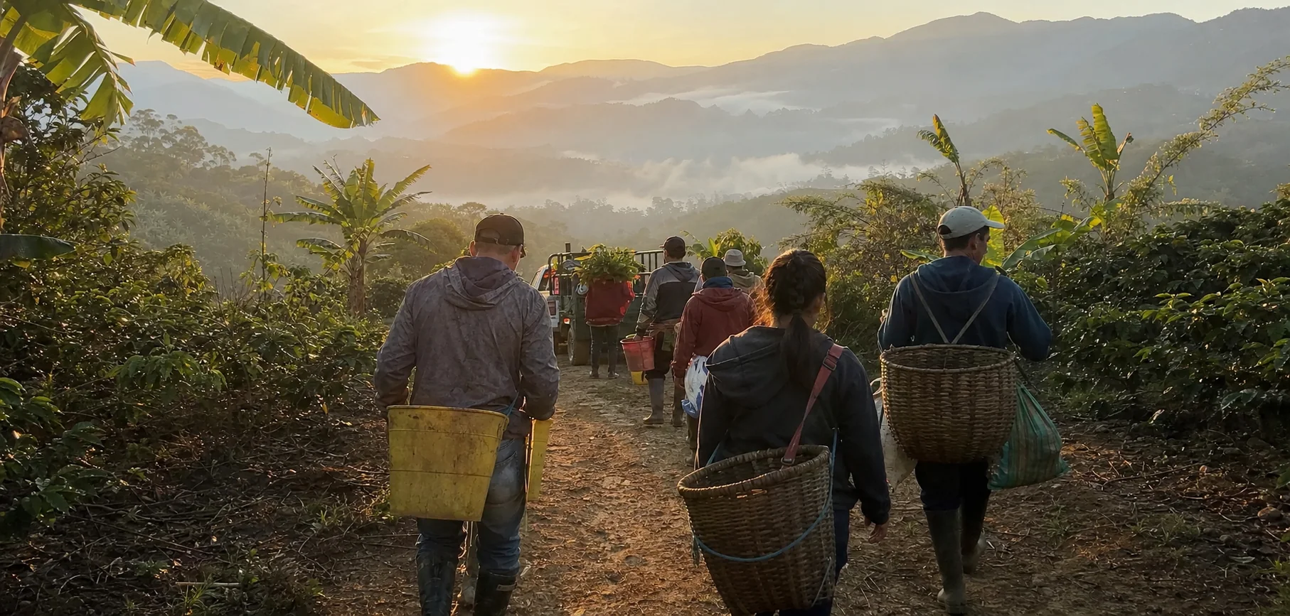 Grupo rural se dirige a una jornada de cosecha al amanecer en Antioquia