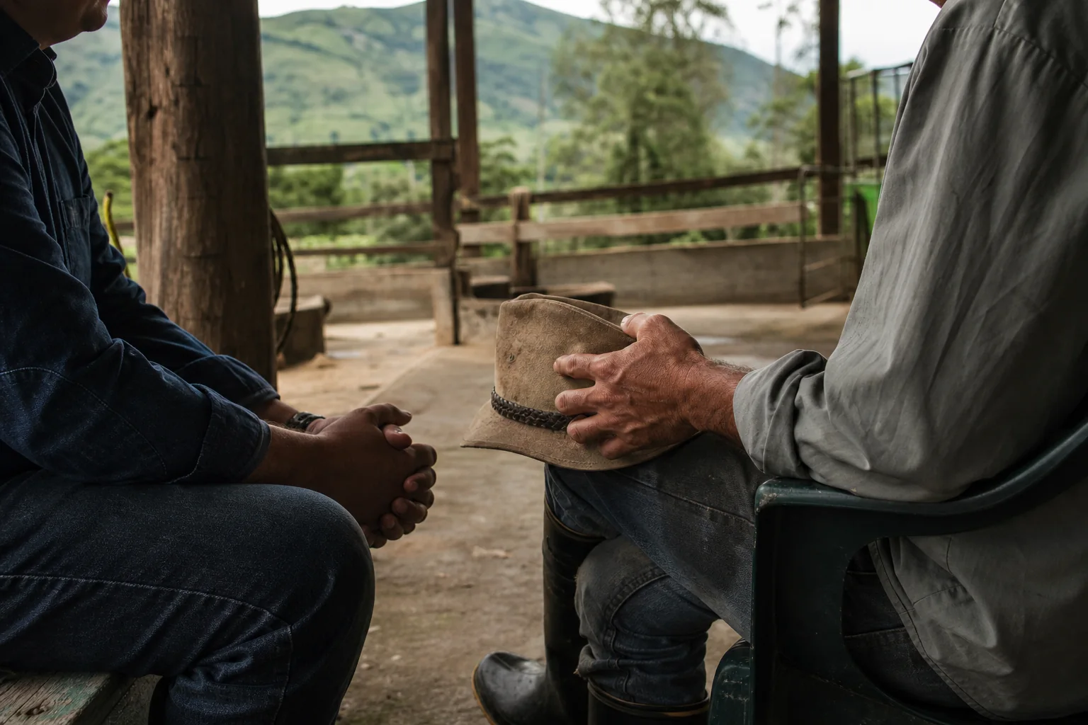 Conversación de acompañamiento entre trabajadores rurales en una finca lechera